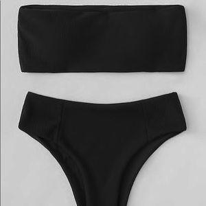 Black ribbed high cut bandeau bikini